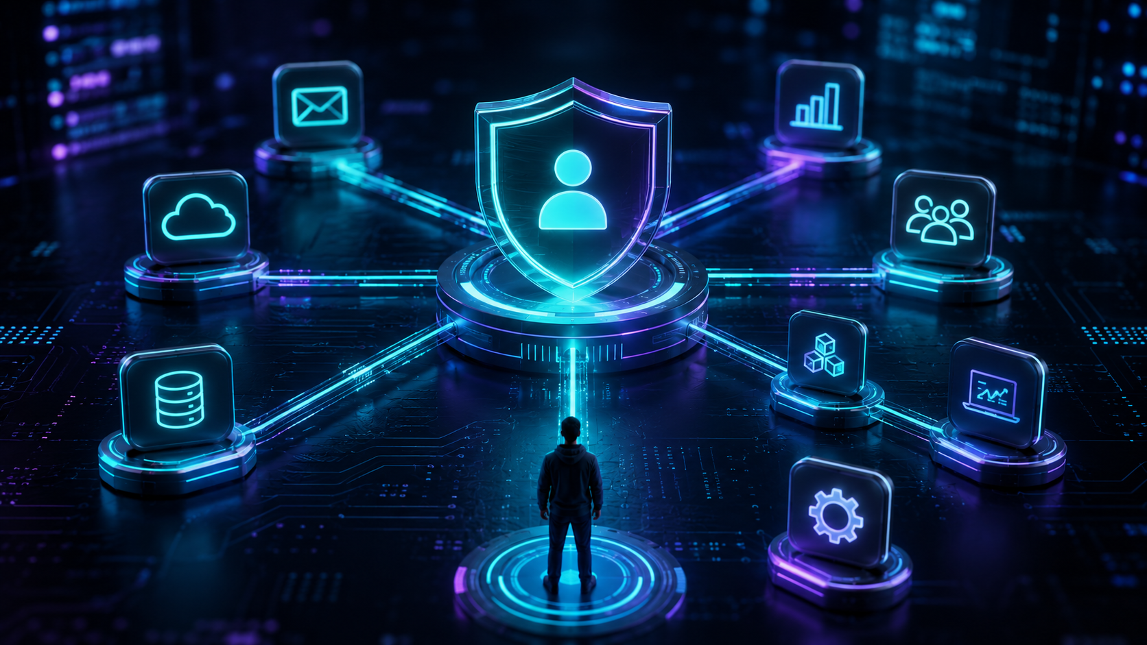 Ilustração representando o Single Sign-On (SSO), com autenticação centralizada por um provedor de identidade permitindo acesso seguro a múltiplas aplicações.