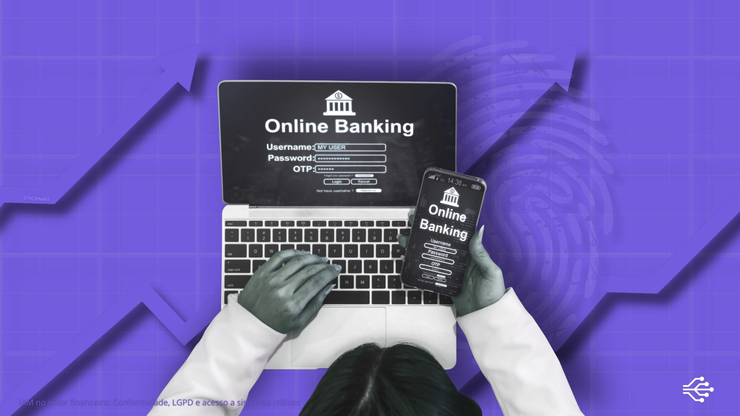 IAM no setor financeiro: com autenticação segura em notebook e smartphone para acesso a sistemas críticos.