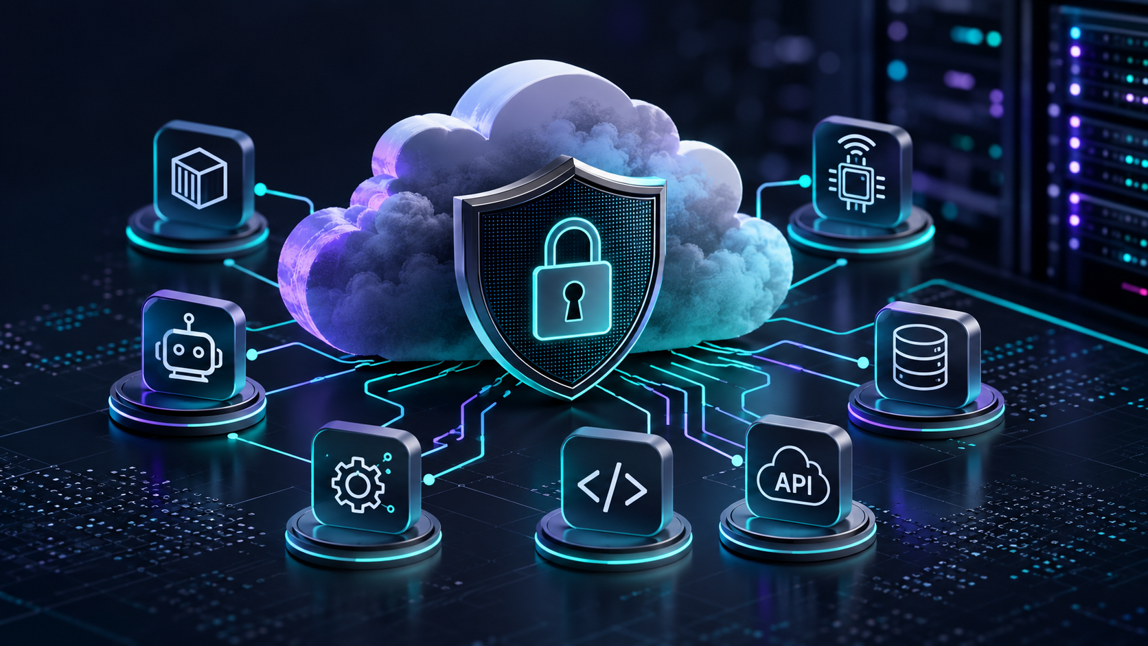 Ilustração de computação em nuvem representando NHIM (Non-Human Identity Management), com identidades não humanas como APIs, bots, workloads e service accounts protegidas por controles de segurança.