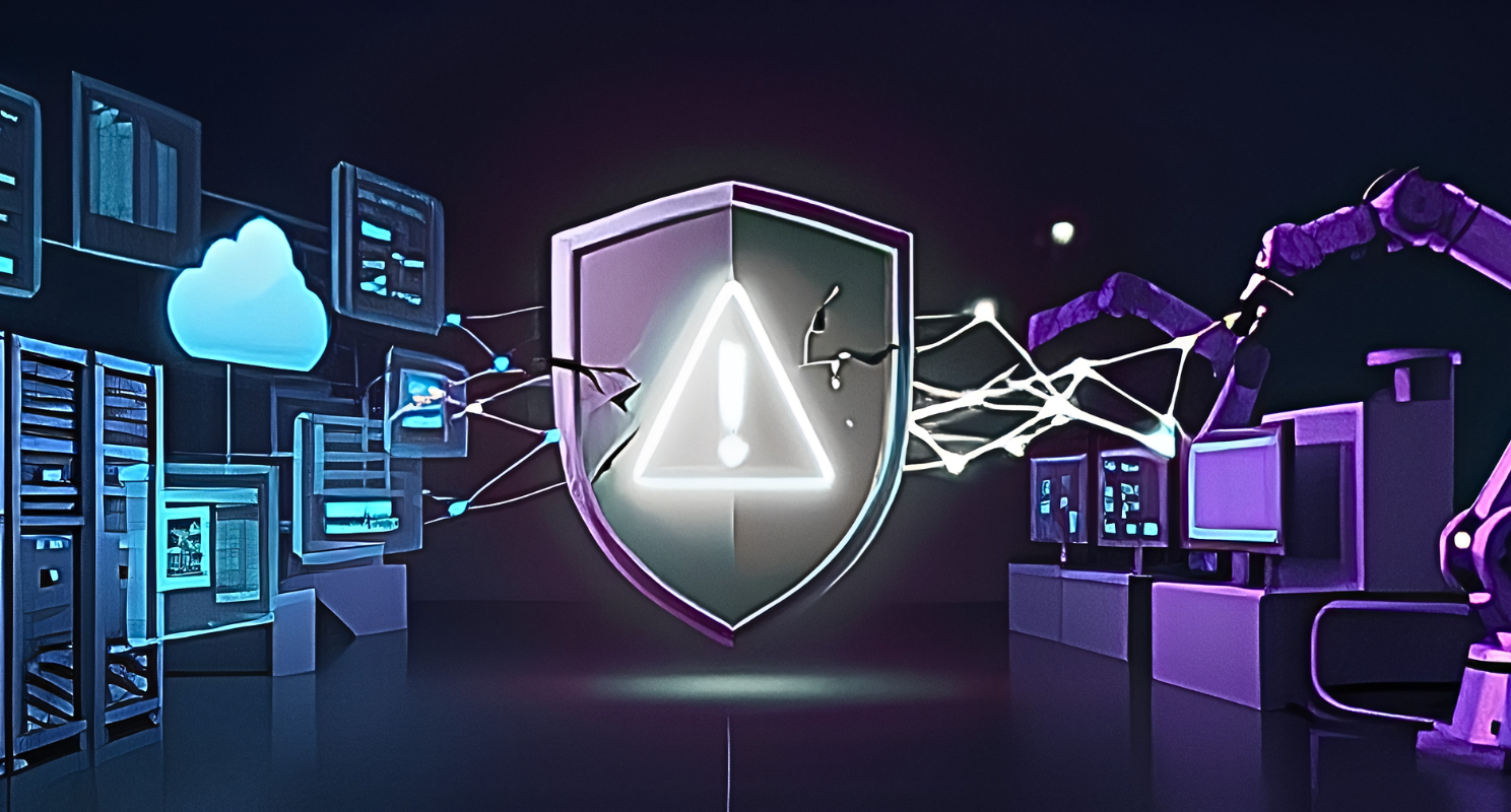 Ilustração de um ambiente industrial conectado com escudo de segurança digital protegendo sistemas OT, servidores, nuvem e robôs industriais contra ameaças cibernéticas.