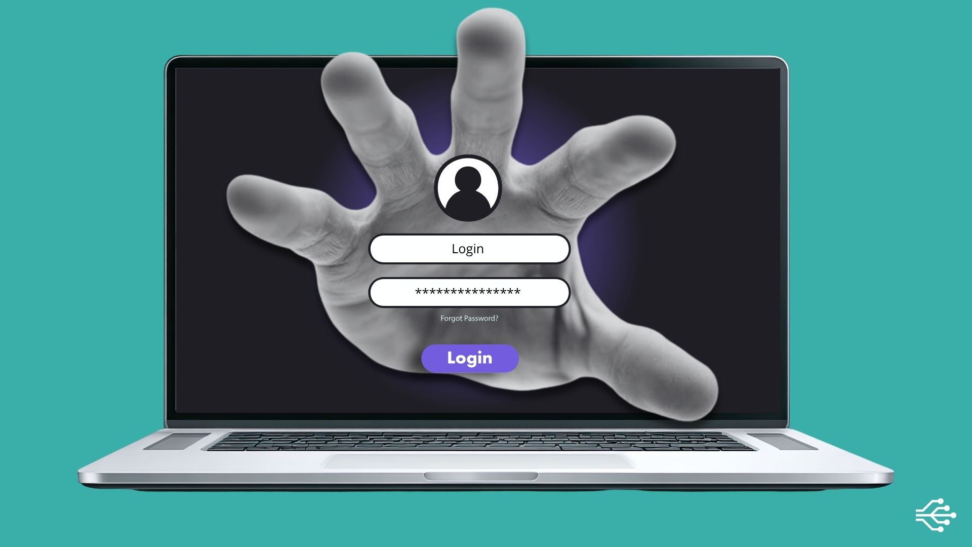 FIDO2 Notebook exibindo uma tela de login enquanto uma mão tenta capturar a senha, representando o risco de phishing na autenticação digital.