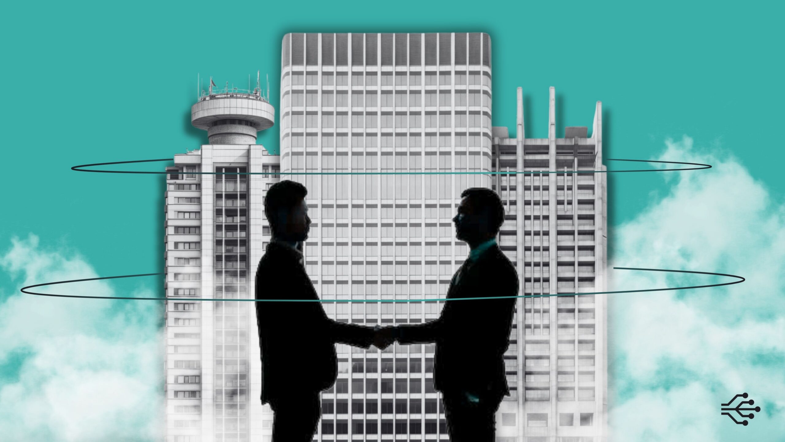 Duas pessoas representando empresas em processo de fusão diante de um edifício corporativo, simbolizando a integração de identidades e acessos em M&A.
